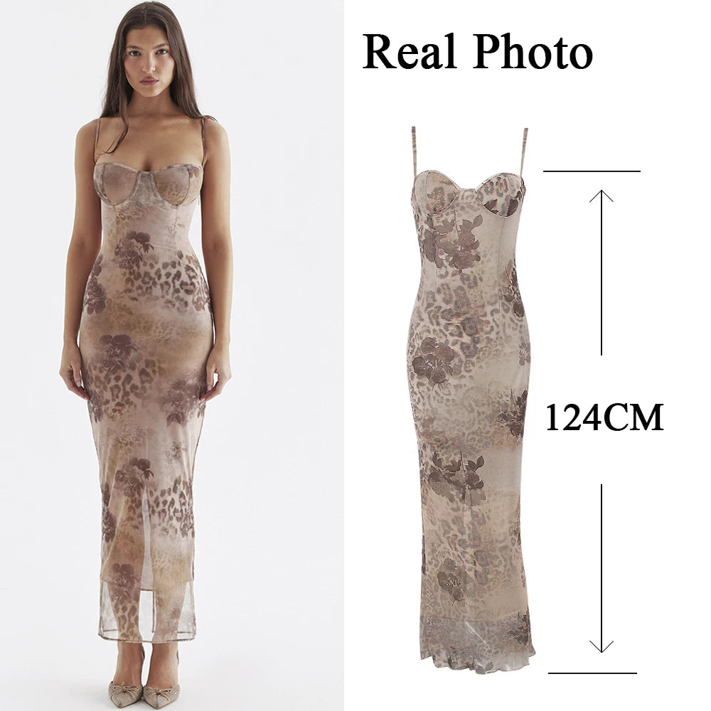 Suninheart Leopard Print Bodycon Dress Sexy Maxi Spaghetti Strap Wedding Guest Dress Elegant Events Lace Up Women's Clothing