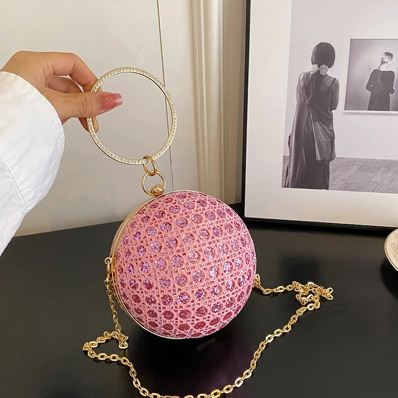 Women Evening Day Clutch Colorful Crystal Diamonds Round Ball Shaped Clutches Lady Handbag Wedding Purse Chain Shoulder Bag