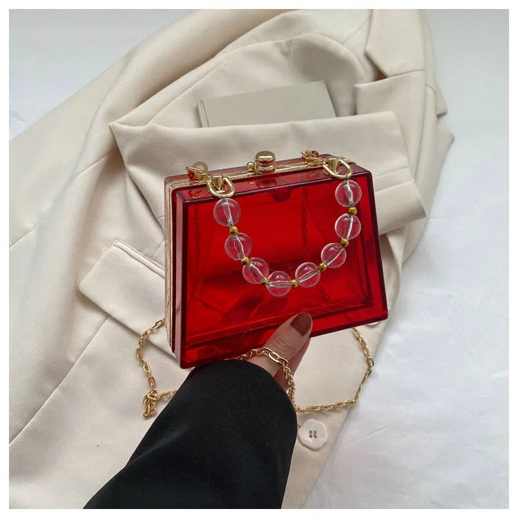 Summer Transparent Box Bag Female Small Pearl Handle Clear Shoulder Bag Chain Acrylic Dinner Bag