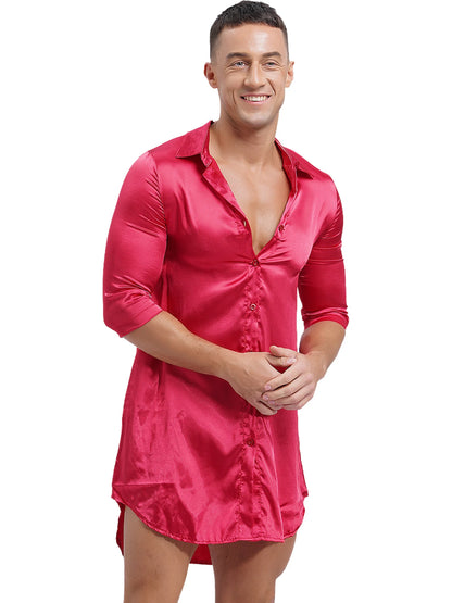 Chemise en satin de soie pour homme Sissy, couleur unie, longue robe portefeuille, peignoir, kimono, chemise de nuit, pyjama, vêtements de nuit, vêtements de détente