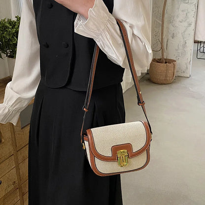 Vintage Panelled Saddle Crossbody Bags for Women Designer Canvas Pu Leather Patchwork Shoulder Bag Casual Beach Small Purse 2024