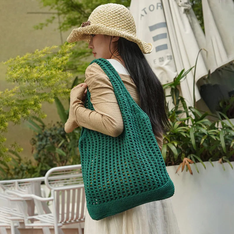 Casual Hollow Out Women Shoulder Bags Knitted Large Capacity Tote Bag Weave Lady Handbags Simple Big Summer Beach Bag 2024