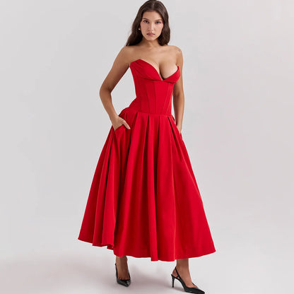 Suninheart Summer Formal Occasion Strapless Dress Sexy Elegant Fit and Flare Birthday Party Dresses Red Women's Clothing