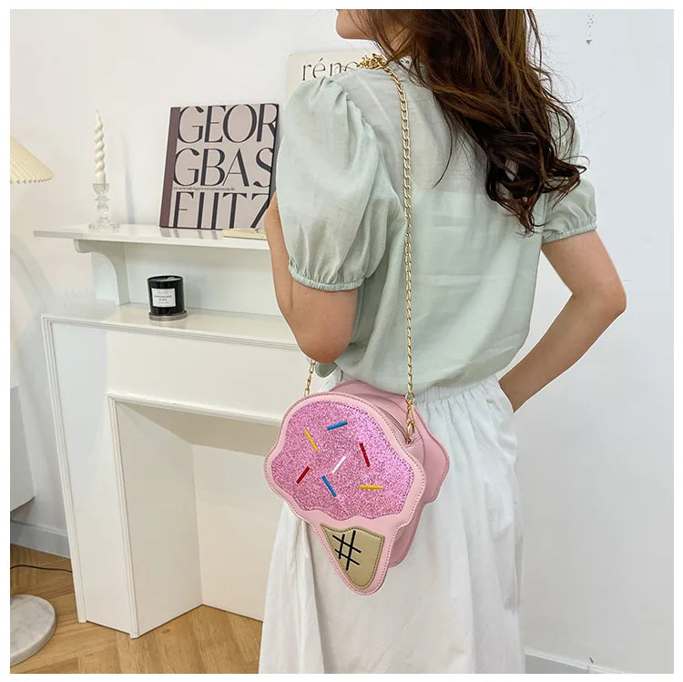 Ice CreamShape Shoulder Bag Style Cartoon Sequins Crossbody Bag Women Cute Chain Small Handbag