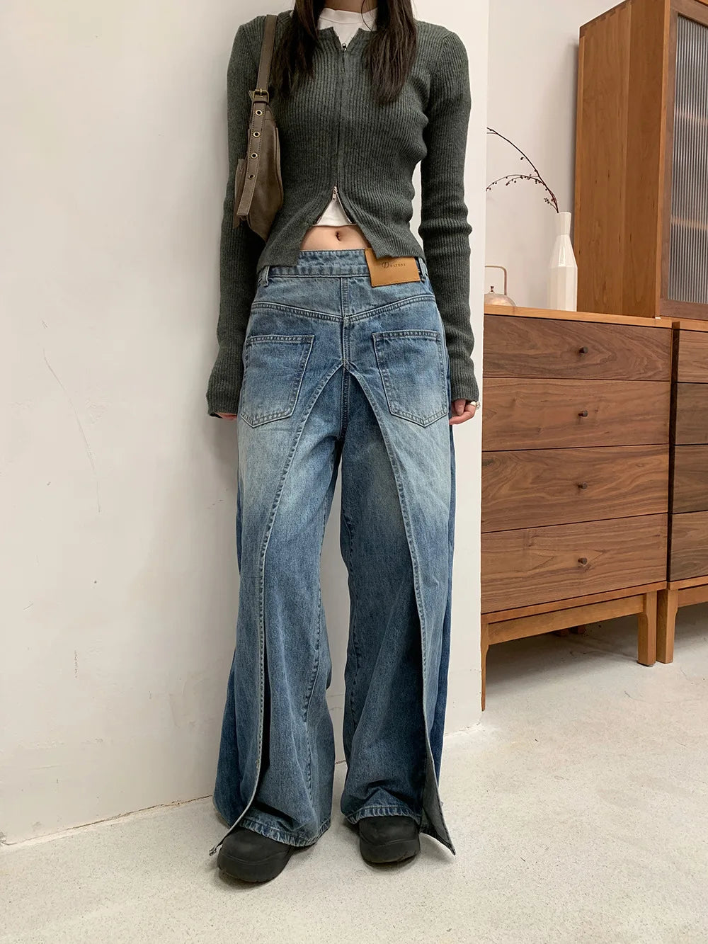 DEAT Fashion Women's Wear Jeans In Both Front And Back High Waist Deconstruct Two Fake Loose Denim Pants Winter 2024 New 7AB2797