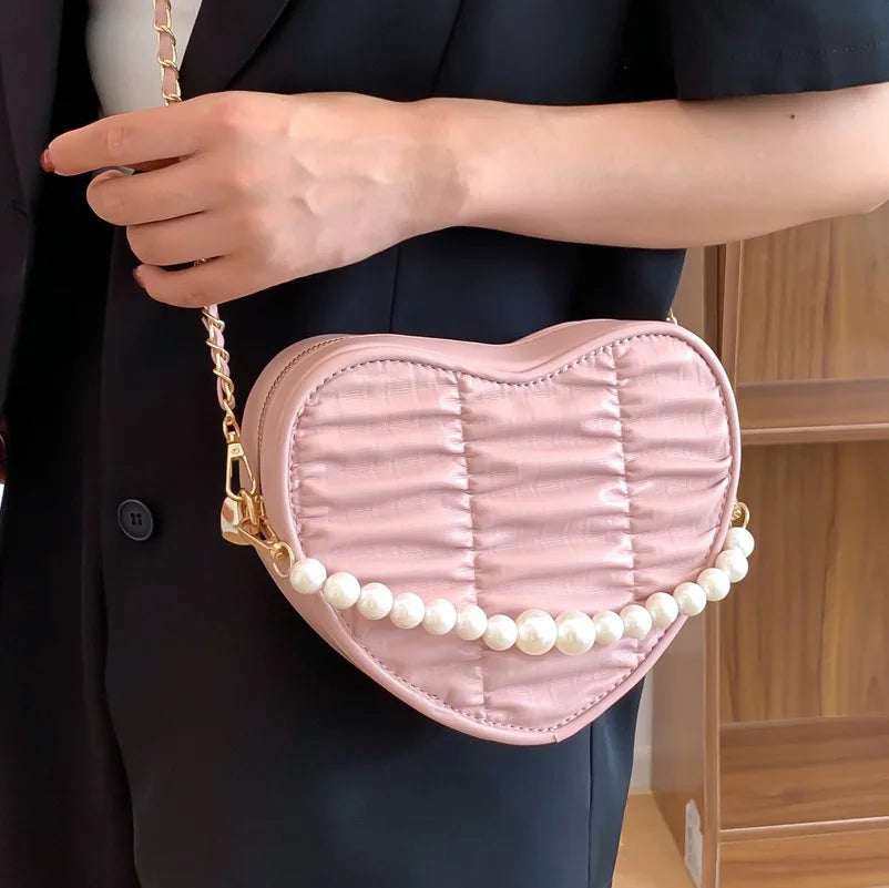 Leisure Female PU Leather Messenger Bags Retro Women Heart Shape Pure Shoulder Bags Small Pearl Chain Crossbody Shopping Bags