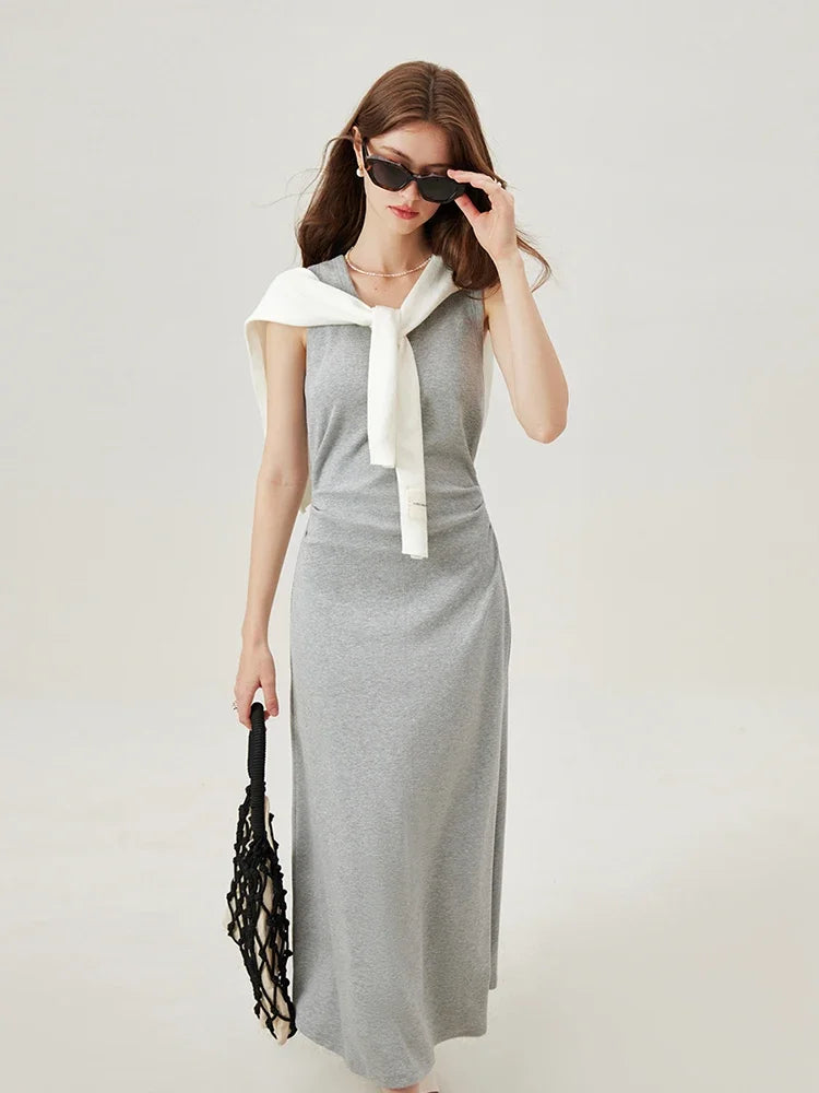 FSLE T-Shirt Dress Sleeveless Long Spilt Grey Dresses Pleated Short Sleeve A-LINE Dress 24FS12440+24FS12883