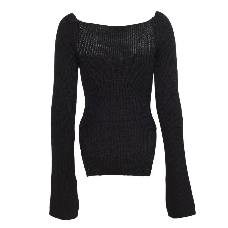 DEAT 2024 new Autumn and Fit fashion women clothes cashmere sqaure collar full sleeves elastic high waist sexy pullover WK080