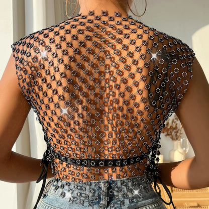 Top corto de verano sin mangas con cuello redondo y diamantes de imitación brillantes para mujer, hecho a mano, 2023