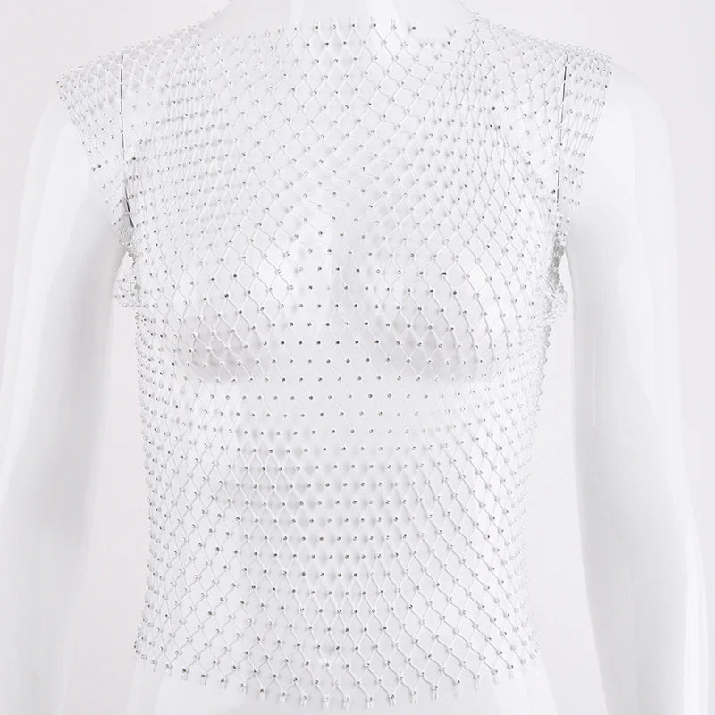 Sexy Women Tops Crystal Diamonds Mesh Rhinestone Tank Top Summer New Beachwear See Through Fishnet Party Crop Top