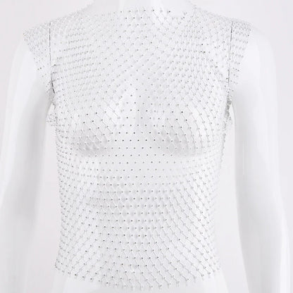 Sexy Women Tops Crystal Diamonds Mesh Rhinestone Tank Top Summer New Beachwear See Through Fishnet Party Crop Top