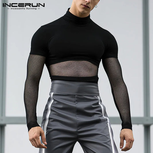 2023 Camiseta para hombre de malla de retazos transparente sexy ajustada de cuello alto de manga larga Camisetas de moda urbana ropa para hombre INCERUN