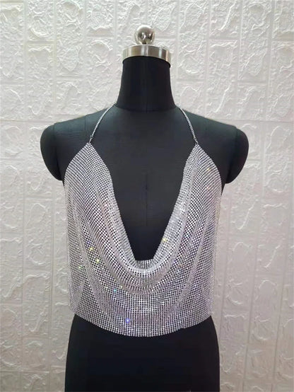 Camiseta sin mangas con cuello halter de cristal para mujer, tops de verano Y2K con lentejuelas de cristal, tops de tirantes finos sexys plateados de lujo ligeros para mujer