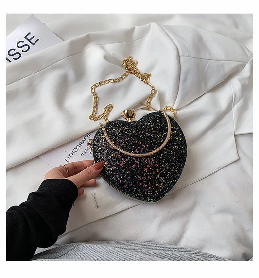 Luxury Ladies Heart Shape Evening Shining Clutch Bag Fashion Sequin Women Mini Bridal Wedding Party Purses Chain Bag Sac A Main