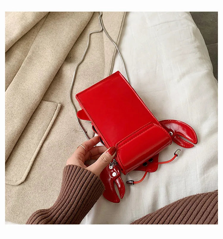 Funny Crayfish Shape Pu Shoulder Bag For Women Summer Red Phone Bag Girls' Chain Small Crossbody Bag