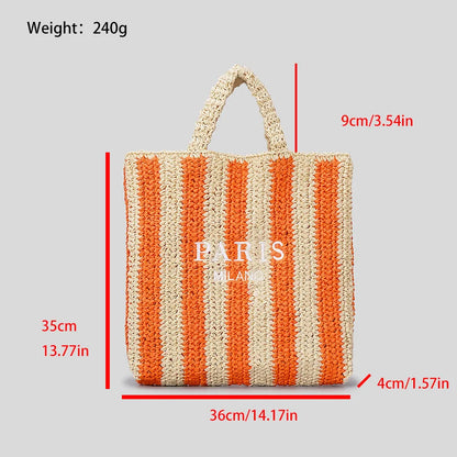 Casual Striped Straw Tote Bag Designer Letters Woven Women Handbags Handmade Summer Beach Bag Big Bali Travel Shopper Purse 2024