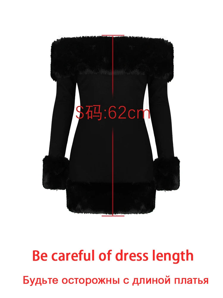 Faux Fur Elegant Party Dresses for Women 2023 Black Off The Shoulder Formal Occasion Dresses Mini New in Winter Women Clothing