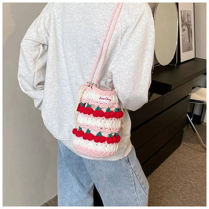 Handmade Woven Cherry Woolen Bag Fresh Fruit Woven Bag Crochet Knitted Bag Leisure String Shoulder Crossbody Bag 2024 New