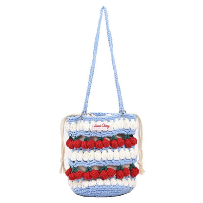 Handmade Woven Cherry Woolen Bag Fresh Fruit Woven Bag Crochet Knitted Bag Leisure String Shoulder Crossbody Bag 2024 New