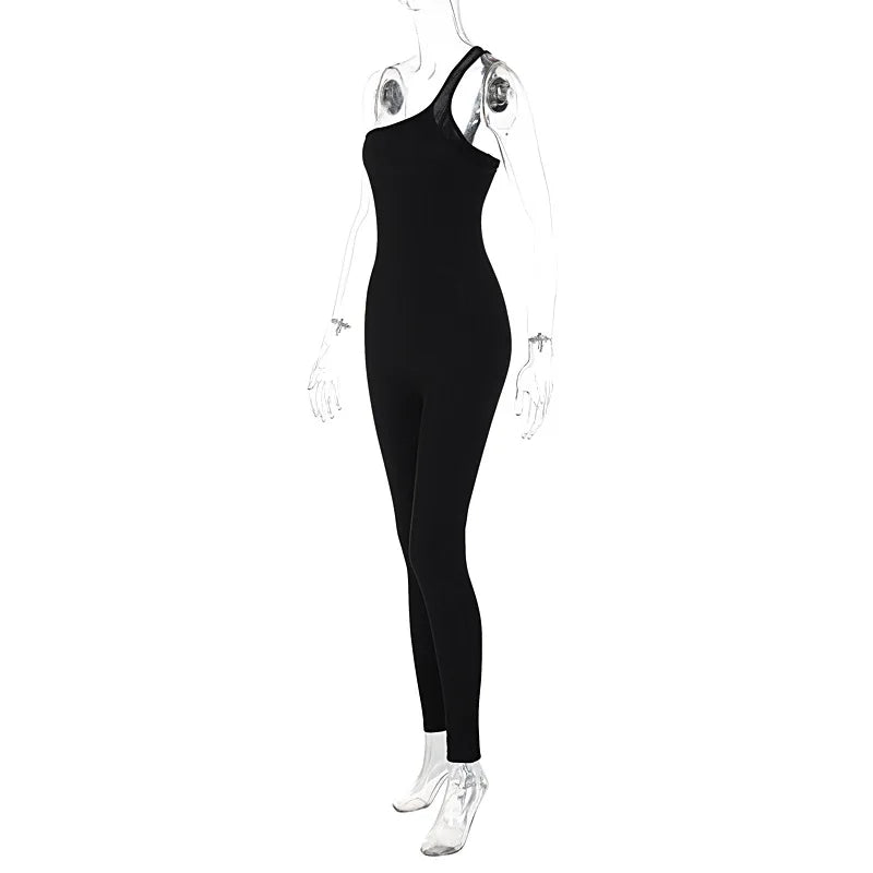 Dulzura Black Sleeveless One Shoulder Ribbed Jumpsuit Women Bodycon Sexy Streetwear Outfits Club Fall Winter Wholesale Rompers