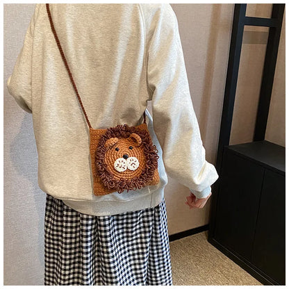 Cute Little Lion Bag For Girls Women's Funny Mobile Phone Coin Purse Winter Knitting Shoulder Crossbody Bag