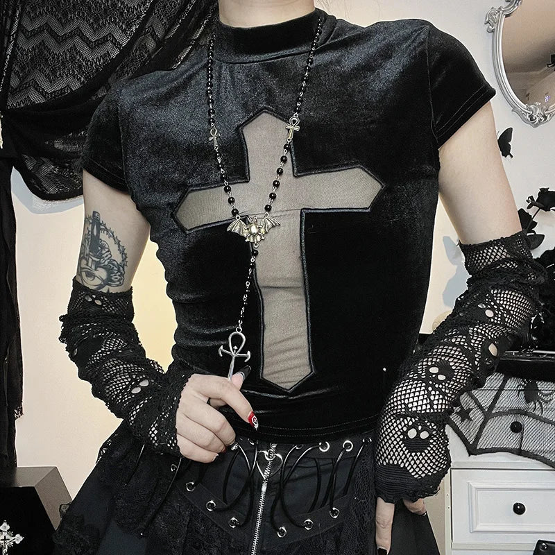 Goth Dark Cross Sheer Mall Gothic Women T-shirts Grunge Aesthetic Punk Sexy Emo Black Top Streetwear Fashion Alternative Clothes