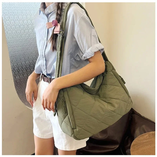 Casual Lingge Quilted Women Shoulder Bags Nylon Padded Crossbody Bag Large Capacity Puffer Tote Bag Pillow Big Shopper Purses