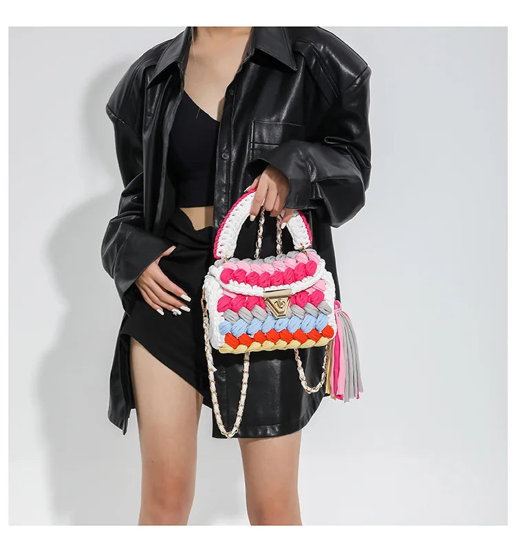 Fashion Colorful Crochet Women Handbags Trend Handmade Woven Chains Shoulder Crossbody Bag Small Flap Female Purses 2024