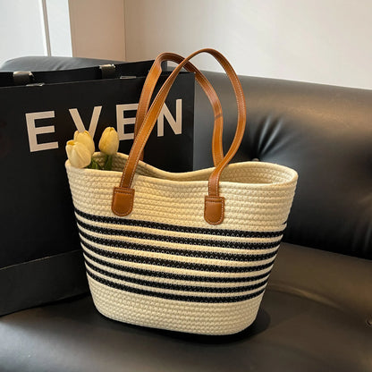 Casual Large Capacity Striped Bucket Bag Weave Women Shoulder Bags Simple Summer Beach Bag Big Shopper Purses Vacation Travel