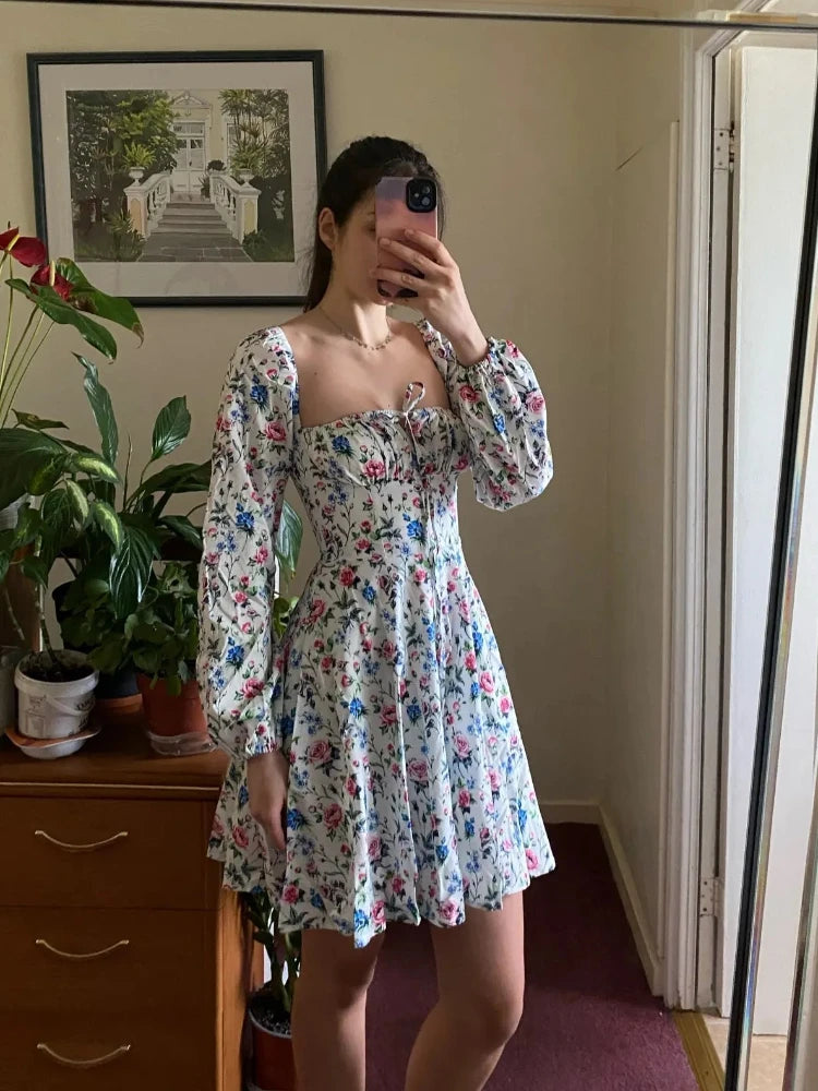 Clearance Sale !! Summer Lantern Sleeve Dress Long Sleeve Floral Print Dress Drawstring Elegant A Line Party Holiday Dress Women