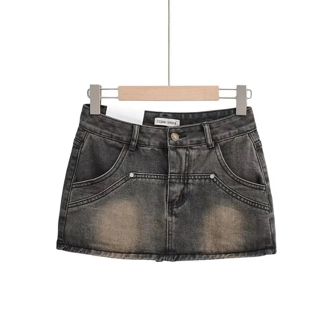 DEAT Mode Femmes Jupe A-ligne Épissé UltraShort Denim Poche Taille Haute Mince Couleur Unie Jupes Printemps 2024 Tendance Nouvelle 17A5641