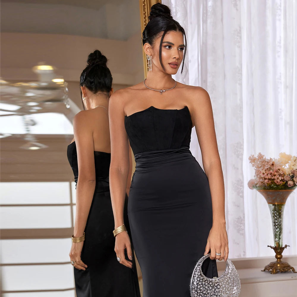 Dropshipping Vestido largo negro para invitadas de boda, vestido de fiesta con corsé de terciopelo sin tirantes y deshuesado, vestido sexy largo formal para ocasiones especiales