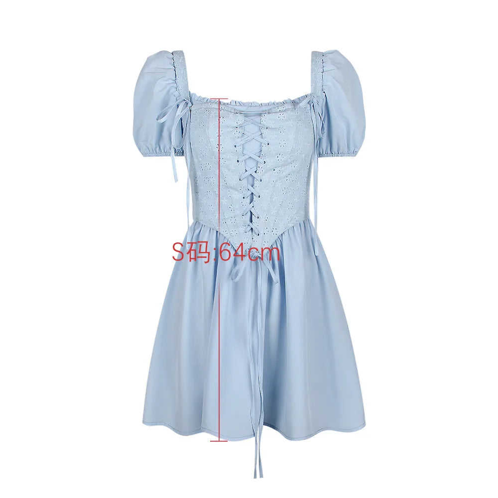 Suninheart Summer Blue Puff Sleeve Corset Dress Mini Elegant A Line Lace Up Holiday Party Dress Square Neck Women Dress 2023