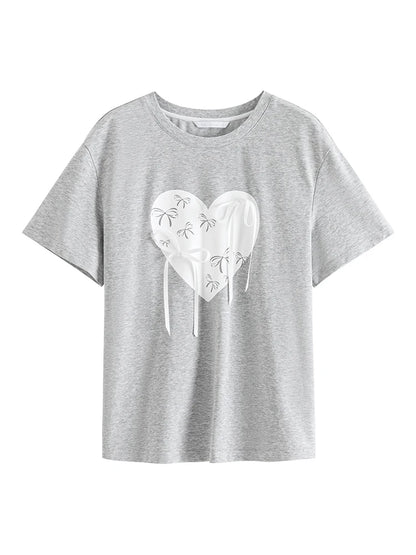 FSLE Summer Love Bow Print Camiseta de algodón de manga corta para mujer 2024 Verano Nuevo diseño Versátil Casual Cool Top 24FS12468