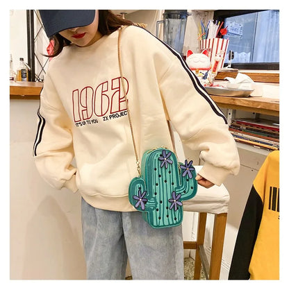 Women embroidery flowers mini chain shoulder bag cute green cactus shape bag flap small desinger crossbody bag for women