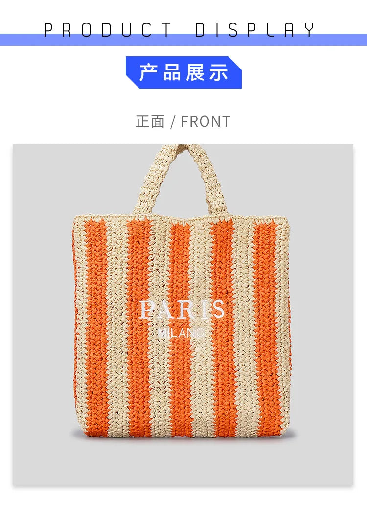 Casual Striped Straw Tote Bag Designer Letters Woven Women Handbags Handmade Summer Beach Bag Big Bali Travel Shopper Purse 2024