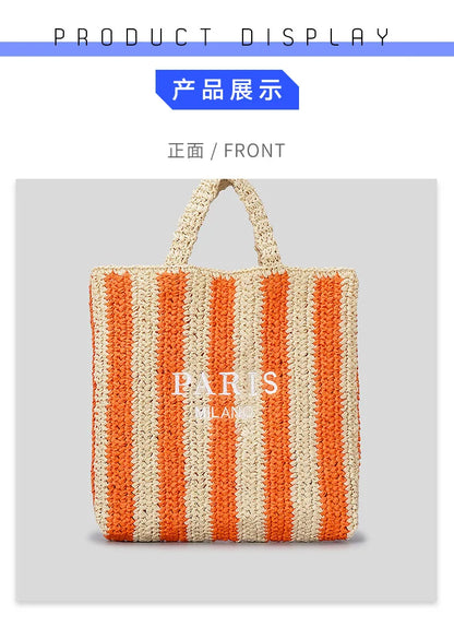 Casual Striped Straw Tote Bag Designer Letters Woven Women Handbags Handmade Summer Beach Bag Big Bali Travel Shopper Purse 2024