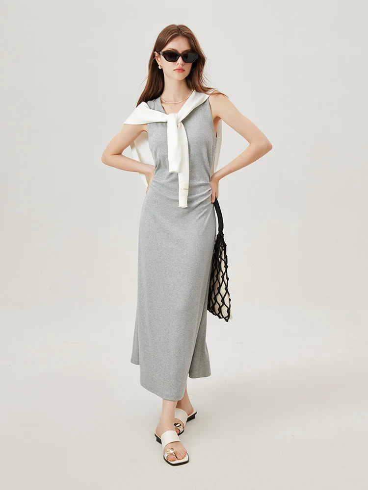 FSLE T-Shirt Dress Sleeveless Long Spilt Grey Dresses Pleated Short Sleeve A-LINE Dress 24FS12440+24FS12883