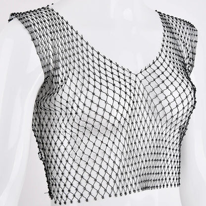 Sexy Women Tops Crystal Diamonds Mesh Rhinestone Tank Top Summer New Beachwear See Through Fishnet Party Crop Top