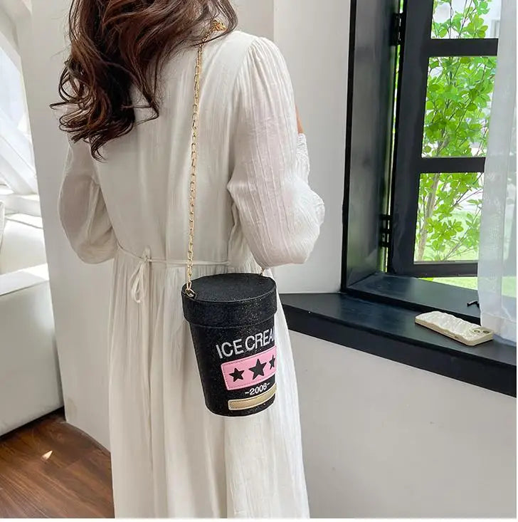 Funny cute cup shape shoulder bag icea cream letter printing bucket bag ladies crossbody messenger bag female purse handbag