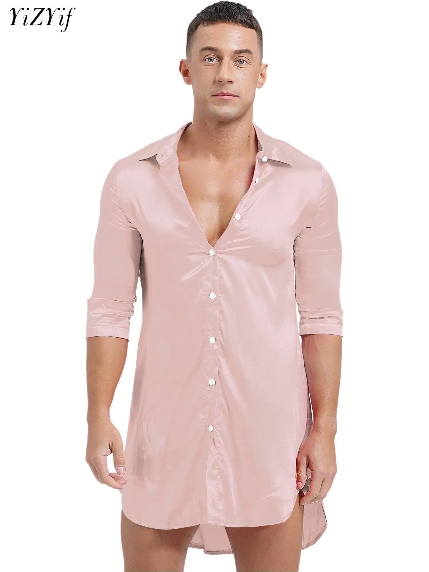 Chemise en satin de soie pour homme Sissy, couleur unie, longue robe portefeuille, peignoir, kimono, chemise de nuit, pyjama, vêtements de nuit, vêtements de détente