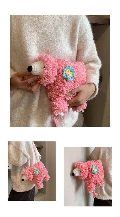 Bolso tejido a mano con forma de perro de dibujos animados para niña, bolso cruzado de lana, bonito bolso de punto, bolso de ganchillo para teléfono móvil