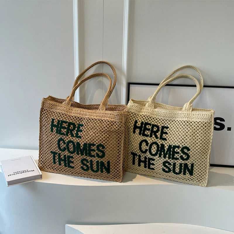 Casual Large Capacity Straw Tote Bag Summer Letters Design Weave Women Shoulder Bag Handmade Summer Beach Handbags Big Purses