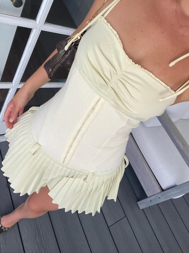 Suninheart Lovely A Line Summer Dress 2024 New Arrivals Cotton Blend Casual Beige Pleated Dress Mini Sexy Holiday Dress Women