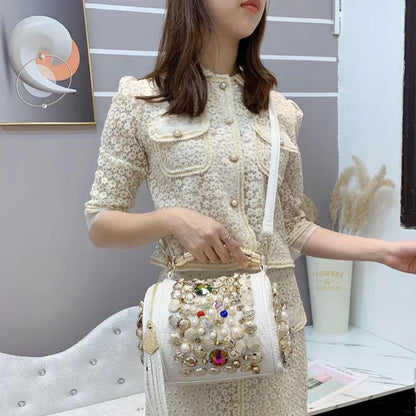 New Women's Bag Cylinder Handmade Shoulder Bag Water Diamond Bag Versatile One Shoulder Crossbody Bag Pillow Bag