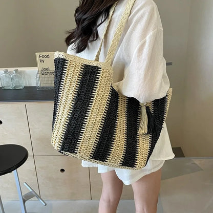 Bolso tejido de paja estilo vacaciones de verano, gran capacidad, versión coreana, tendencia occidental, bolso de hombro, bolso de mano de viaje de moda, diseñador