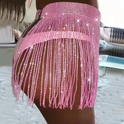 Minifalda de bikini de playa de verano para mujer, falda larga con borlas y diamantes de imitación brillantes, ropa de playa sexy ajustable