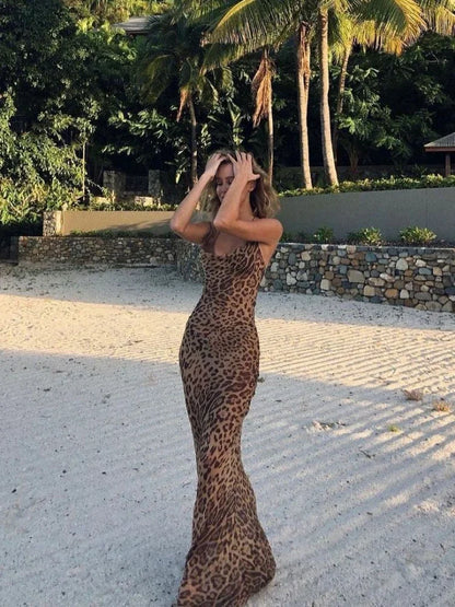 Suninheart Summer Sexy See Through Dress Maxi Backless Leopard  Sheer Beach Dress Lace Up Elegant Floor Length Holiday Dress