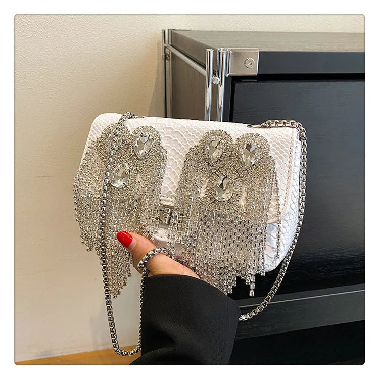 Evening Small Square Bags for Women 2023 Fashion Diamond Tassel Handbag Leather Chain Luxury Party Sparkle Shoulder Bag Woman