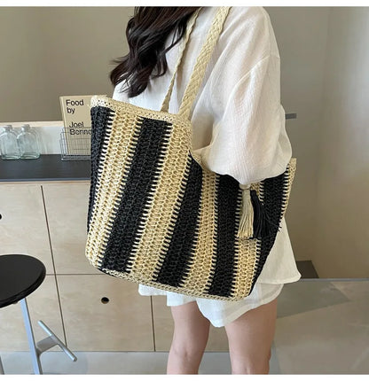 Bolso tejido de paja estilo vacaciones de verano, gran capacidad, versión coreana, tendencia occidental, bolso de hombro, bolso de mano de viaje de moda, diseñador